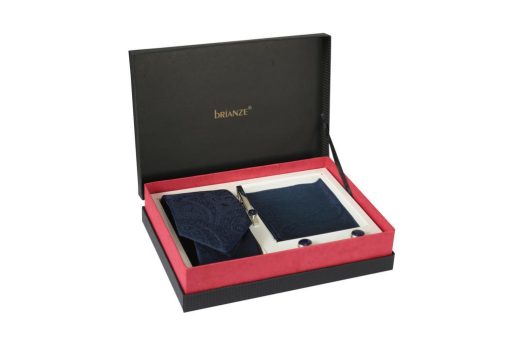 Brianze Lacivert Şal Desen Kravat Kravat İğnesi Kol Düğmesi Set - Brianze.com Kravat ve Erkek Giyim Sitesi