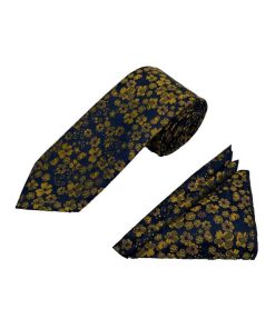 Brianze Lacivert Sarı Vizon Çiçek Desen Kravat Mendil Set - Brianze.com Kravat ve Erkek Giyim Sitesi