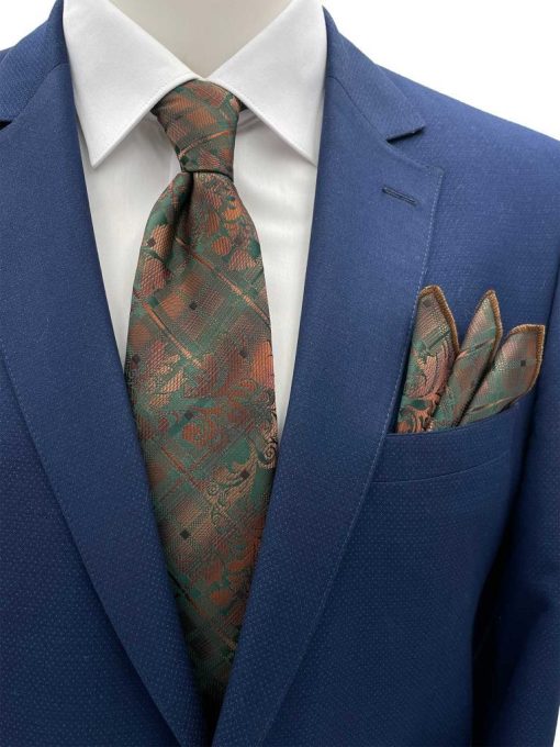 Brianze Yeşil Kahve Geçişli Motif Desen Kravat Mendil Set - Brianze.com Kravat ve Erkek Giyim Sitesi