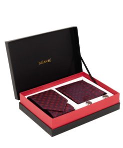 Brianze Bordo Desenli Kravat Mendil ve Kol Düğmesi Hediyelik Set