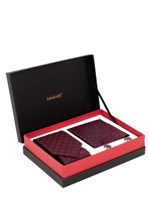 Brianze Bordo Desenli Kravat Mendil ve Kol Düğmesi Hediyelik Set - Brianze.com Kravat ve Erkek Giyim Sitesi