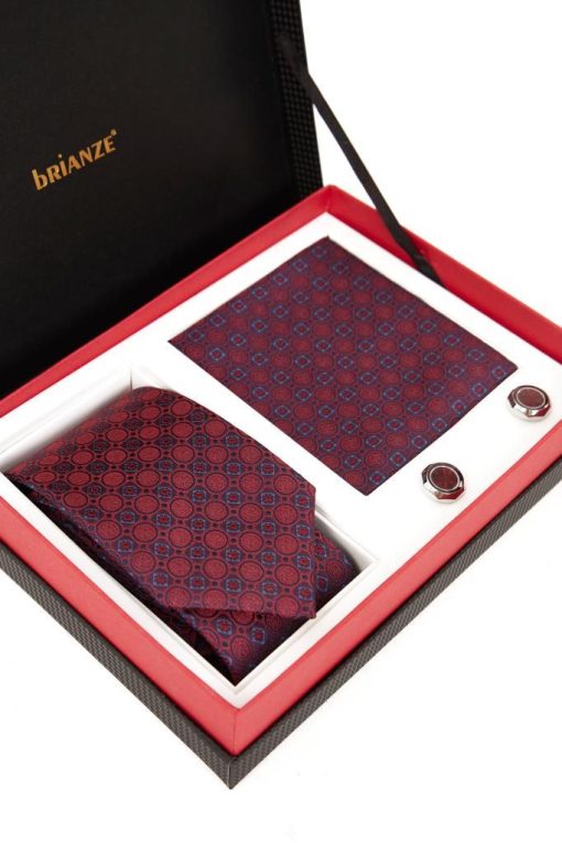 Brianze Bordo Desenli Kravat Mendil ve Kol Düğmesi Hediyelik Set - Brianze.com Kravat ve Erkek Giyim Sitesi