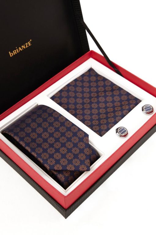 Brianze Lacivert Desenli Kravat Mendil ve Kol Düğmesi Hediyelik Set - Brianze.com Kravat ve Erkek Giyim Sitesi
