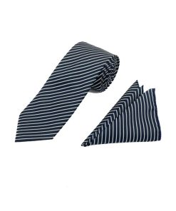 Brianze 7.5 Cm Lacivert Beyaz Çizgili Kravat Mendil Set - Brianze.com Kravat ve Erkek Giyim Sitesi