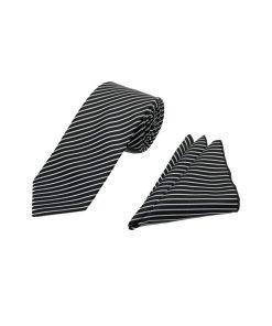 Brianze 7.5 Cm Siyah Beyaz Çizgili Kravat Mendil Set - Brianze.com Kravat ve Erkek Giyim Sitesi