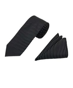 Brianze 7.5 Cm Siyah Gri Çizgili Kravat Mendil Set - Brianze.com Kravat ve Erkek Giyim Sitesi