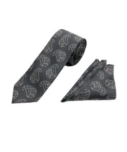 Brianze 7 Cm Gri Siyah Şal Desen Kravat Mendil Set - Brianze.com Kravat ve Erkek Giyim Sitesi